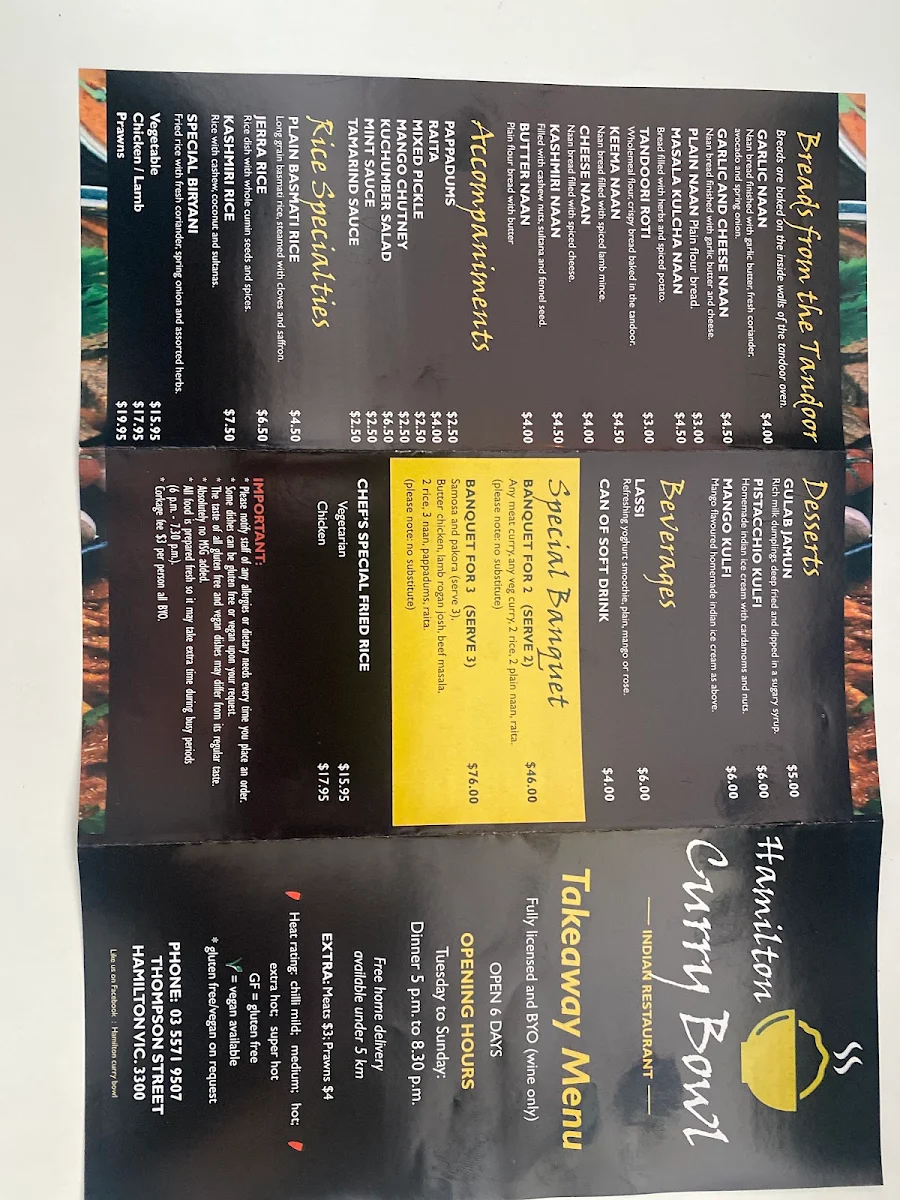 Menu, Hamilton Curry Bowl
