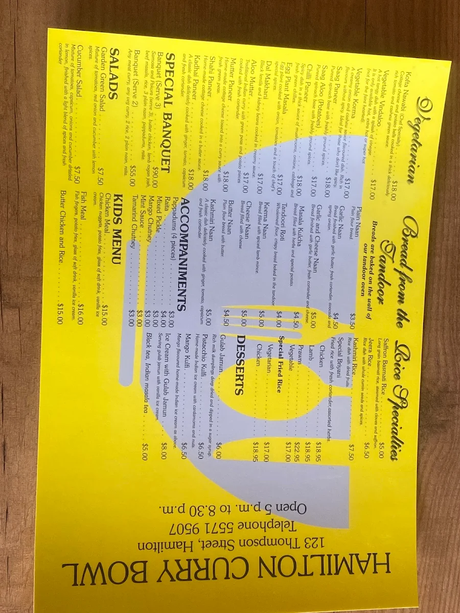Menu, Hamilton Curry Bowl