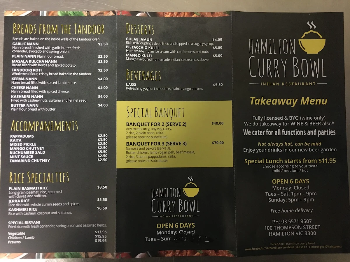 Menu, Hamilton Curry Bowl