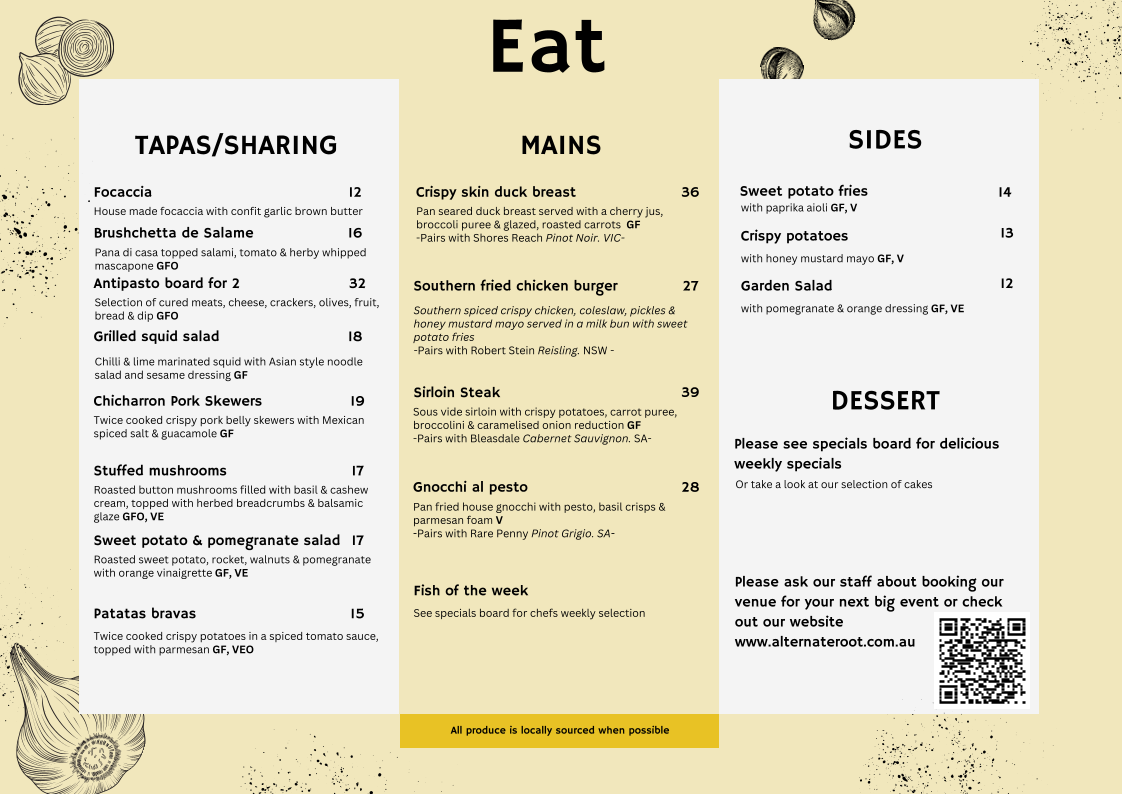 Menu, The Alternate Root Cafe