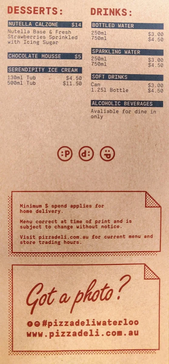 Menu, Pizza Deli