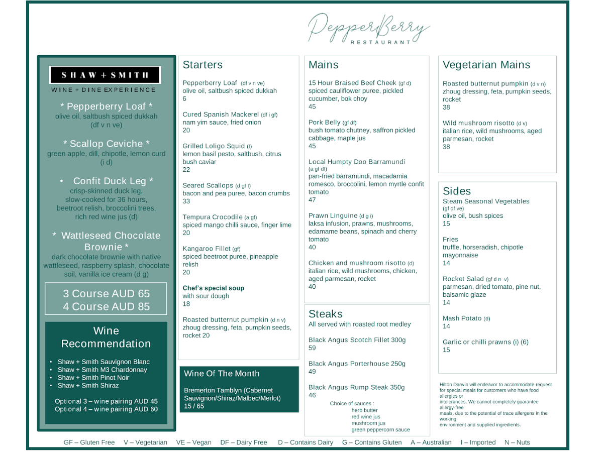 Menu, PepperBerry Restaurant