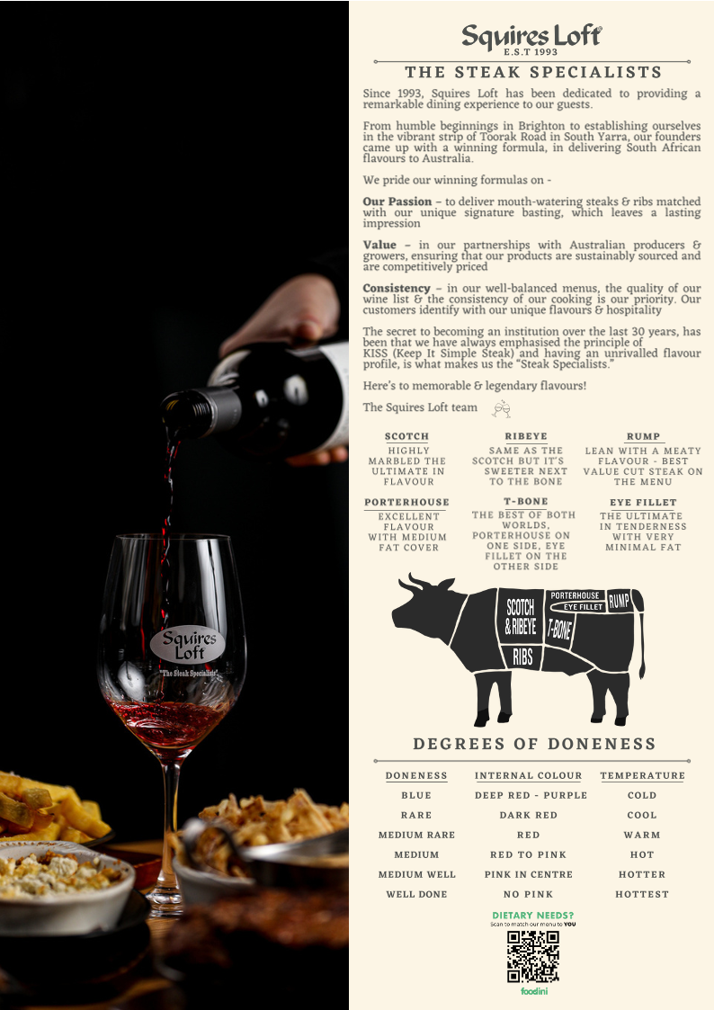 Menu, Squires Loft South Yarra