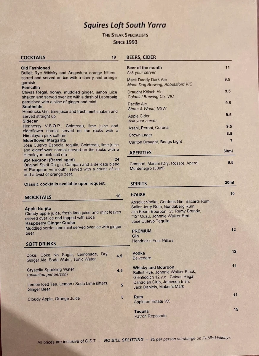 Menu, Squires Loft South Yarra