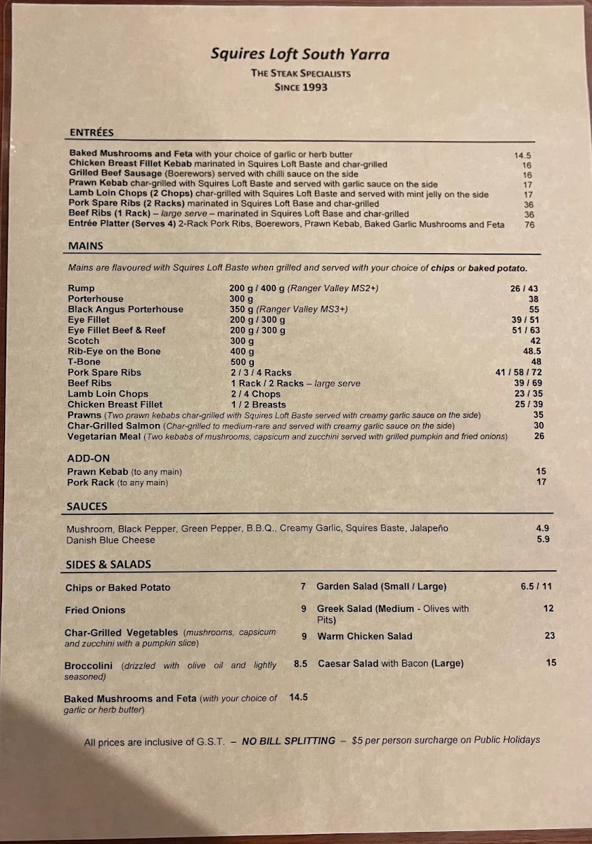 Menu, Squires Loft South Yarra