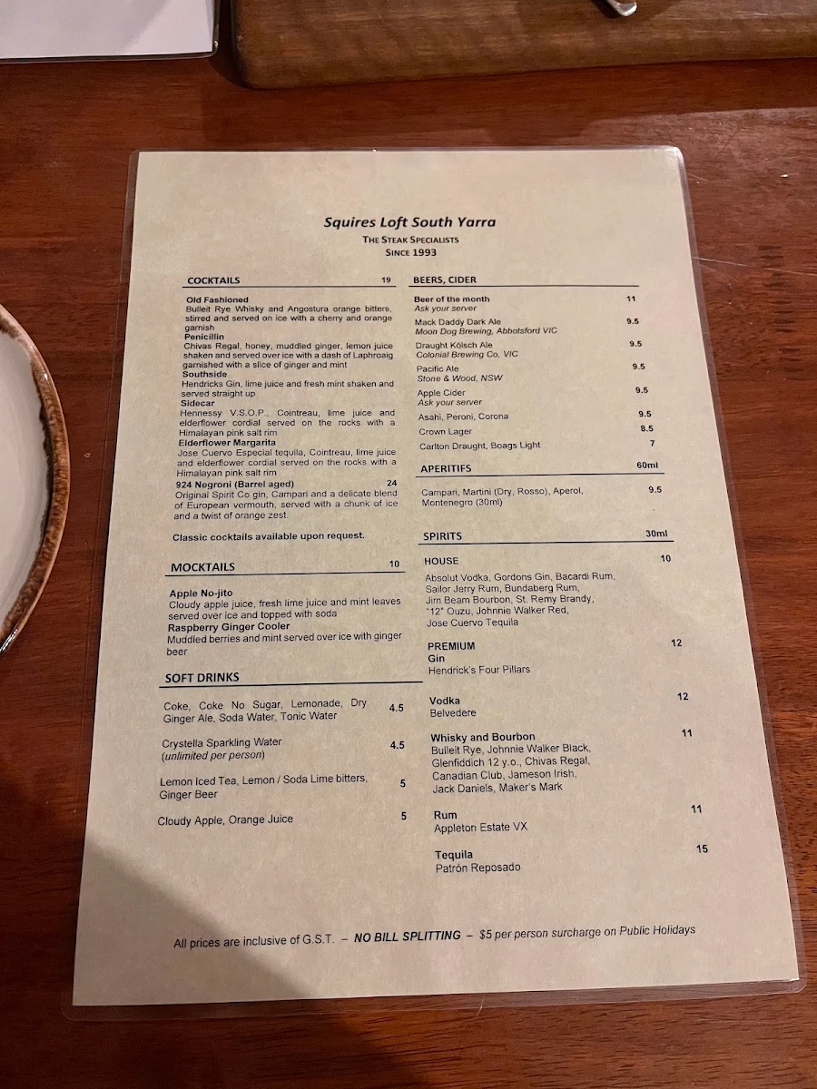 Menu, Squires Loft South Yarra