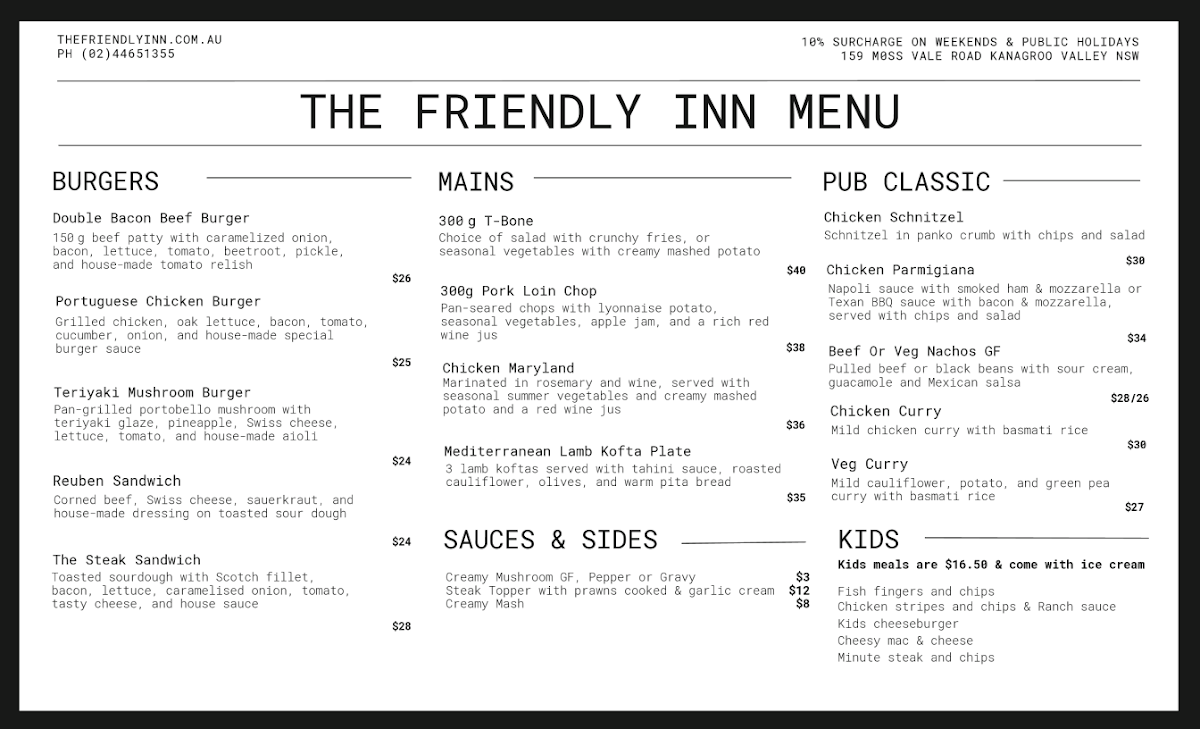 Menu, The Friendly Inn Hotel