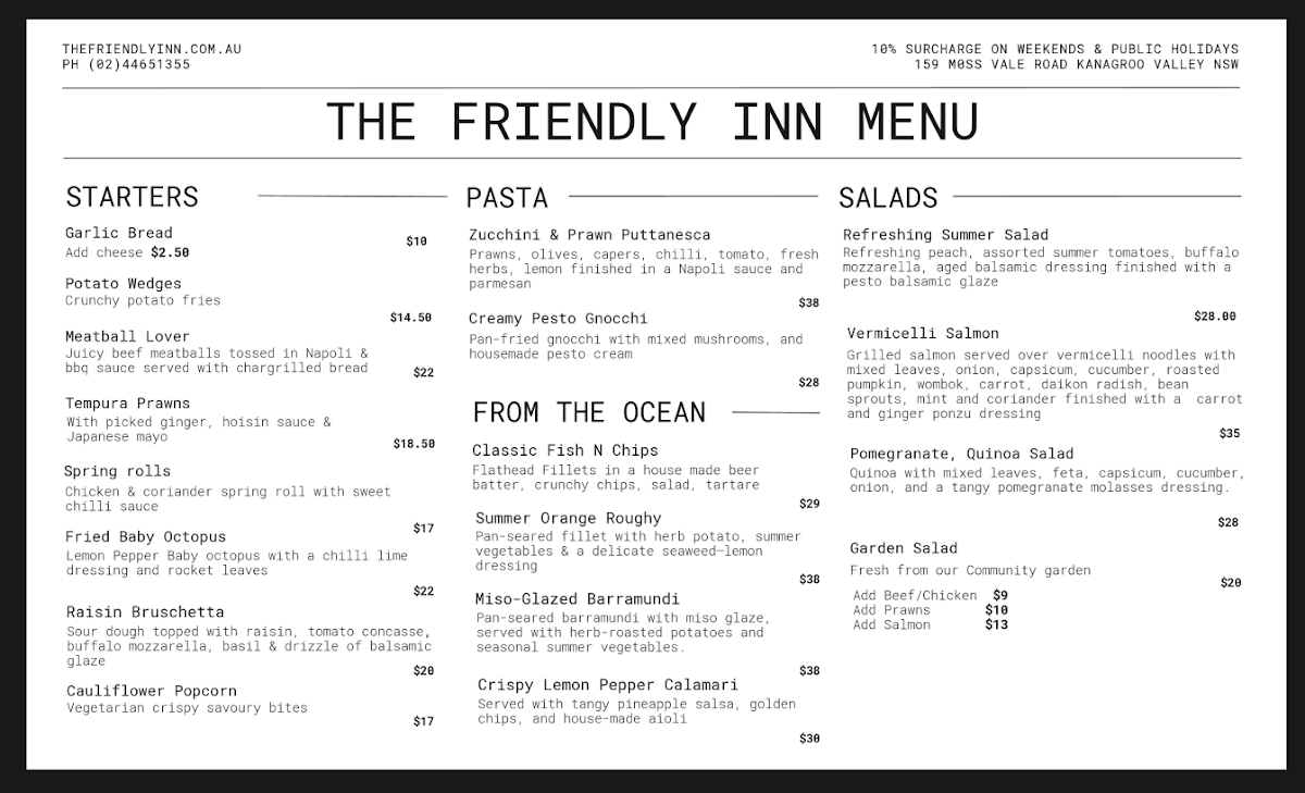 Menu, The Friendly Inn Hotel