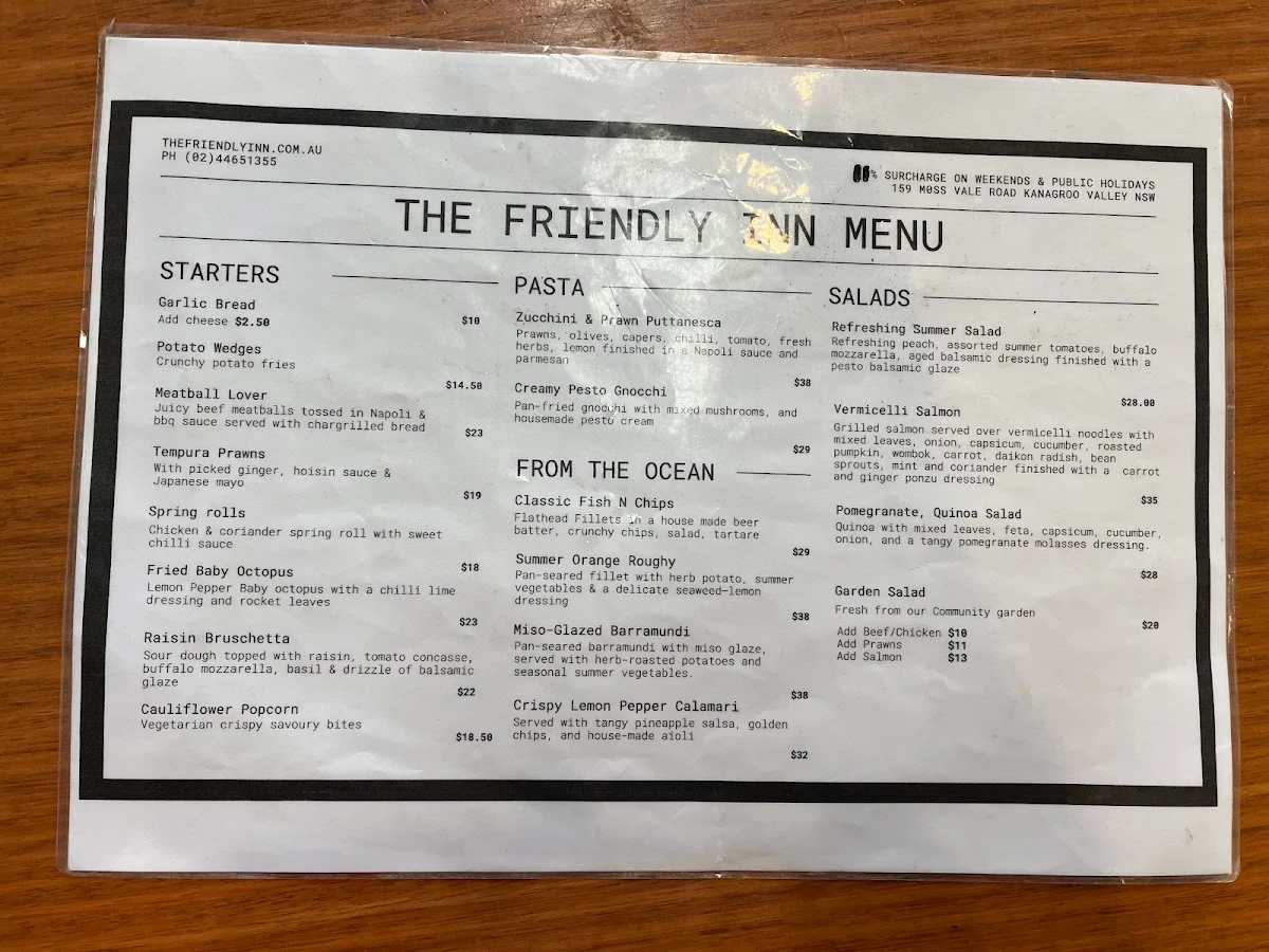 Menu, The Friendly Inn Hotel