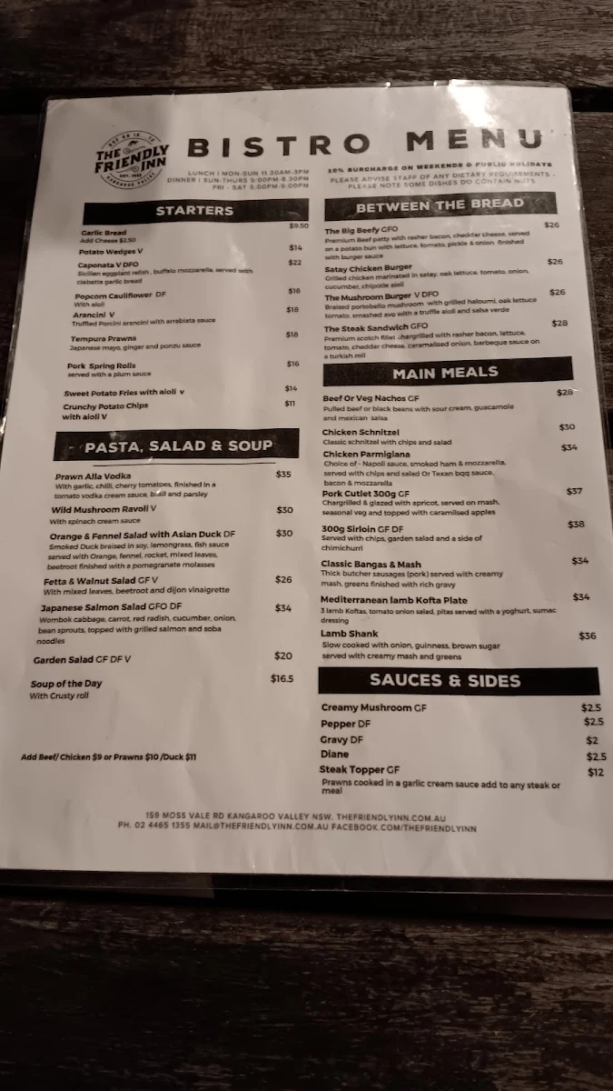 Menu, The Friendly Inn Hotel