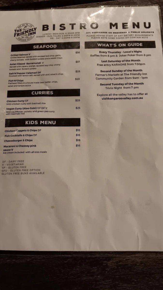 Menu, The Friendly Inn Hotel