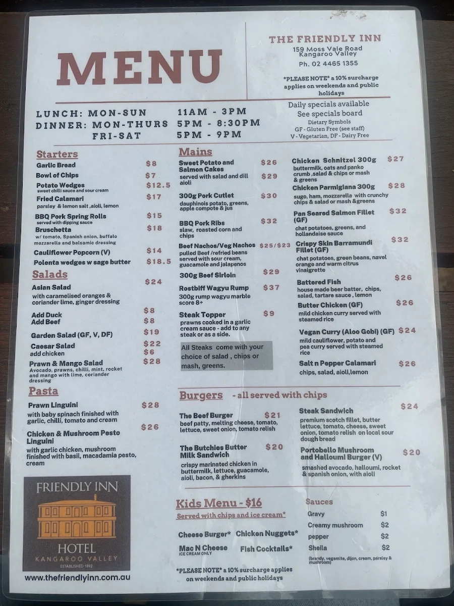 Menu, The Friendly Inn Hotel