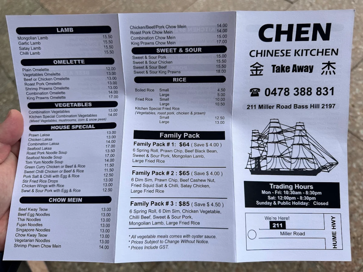 Menu, Chen Chinese Kitchen Takeaway