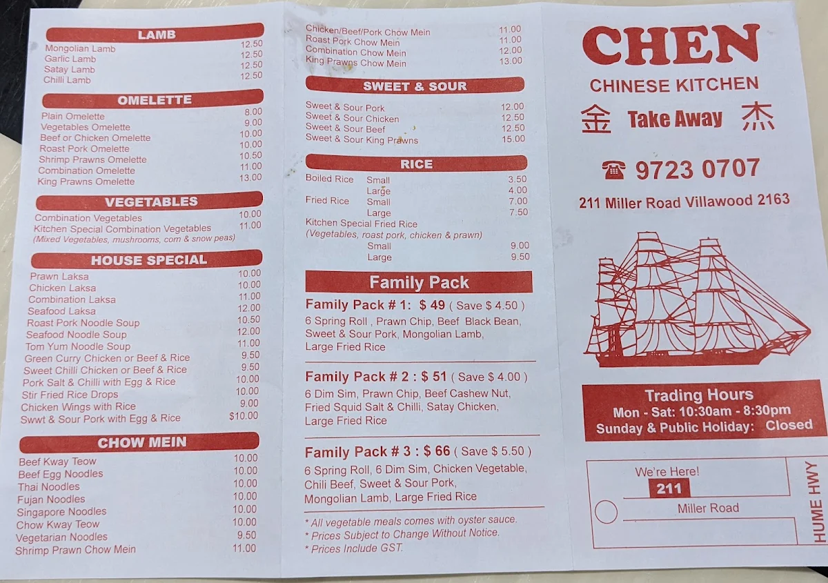 Menu, Chen Chinese Kitchen Takeaway