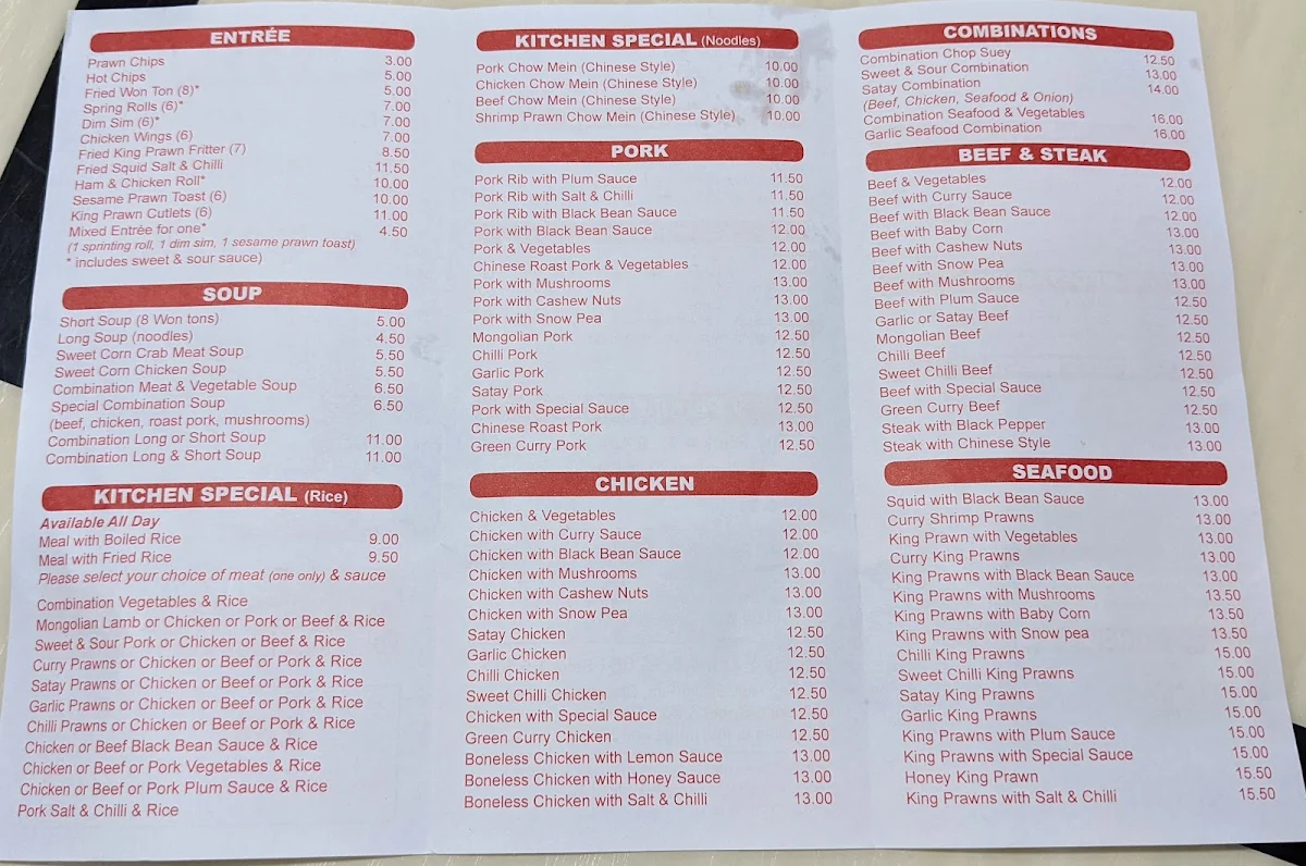 Menu, Chen Chinese Kitchen Takeaway