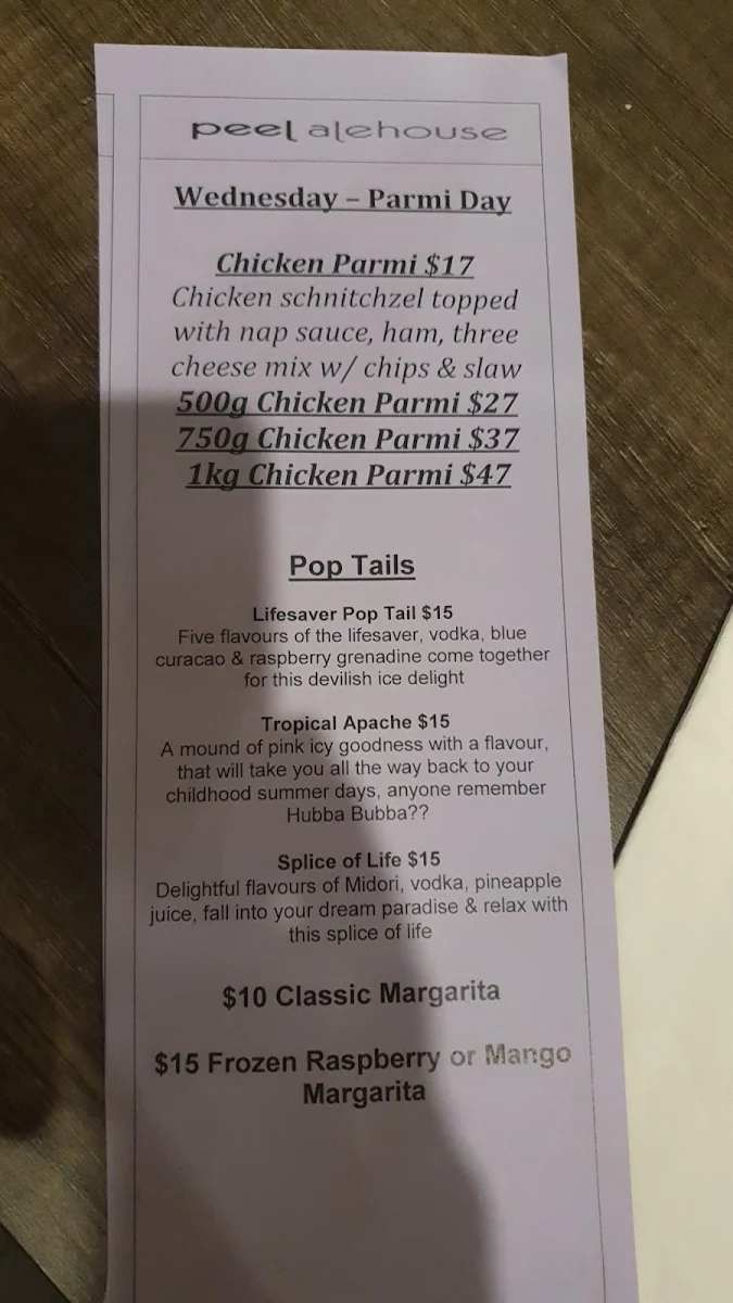 Menu, Peel Alehouse