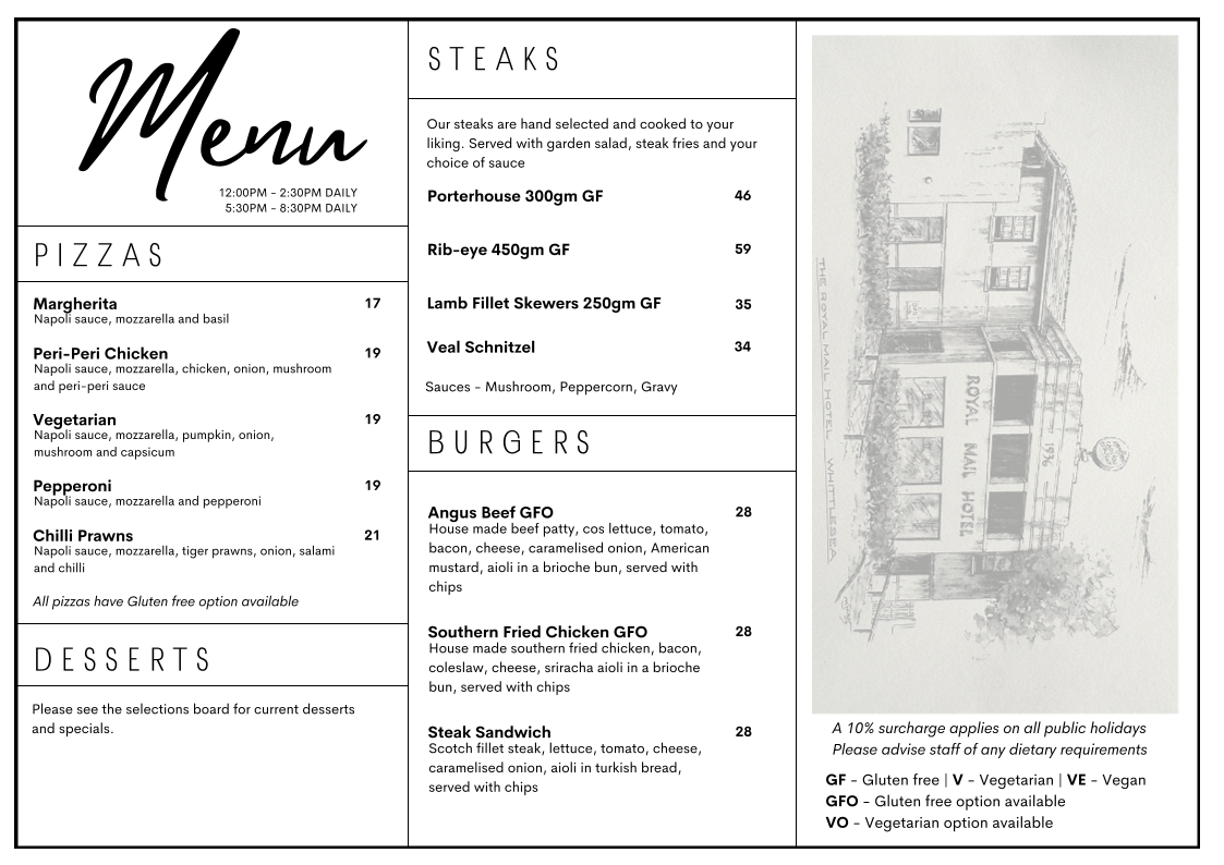 Menu, Royal Mail Hotel Whittlesea