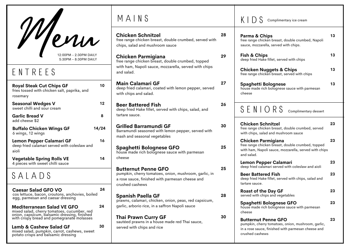Menu, Royal Mail Hotel Whittlesea