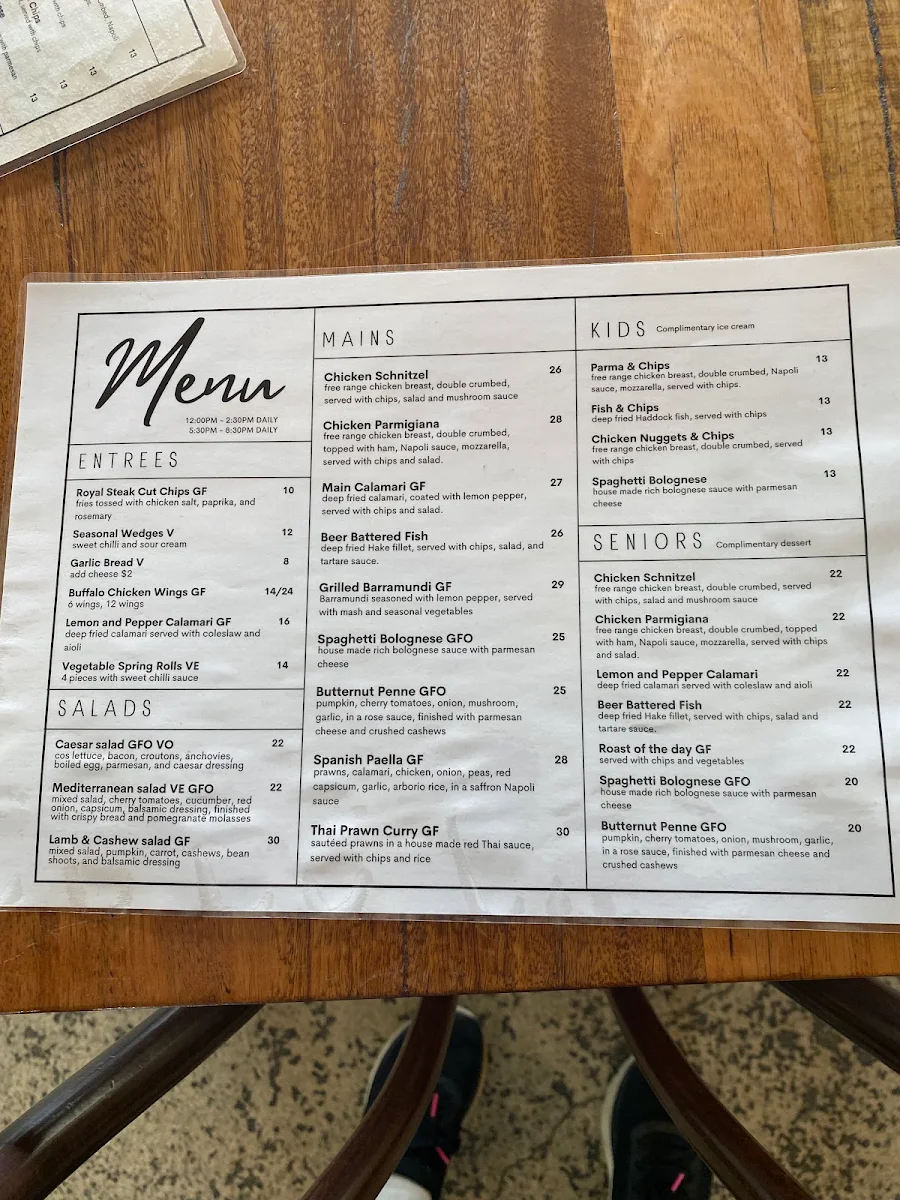 Menu, Royal Mail Hotel Whittlesea