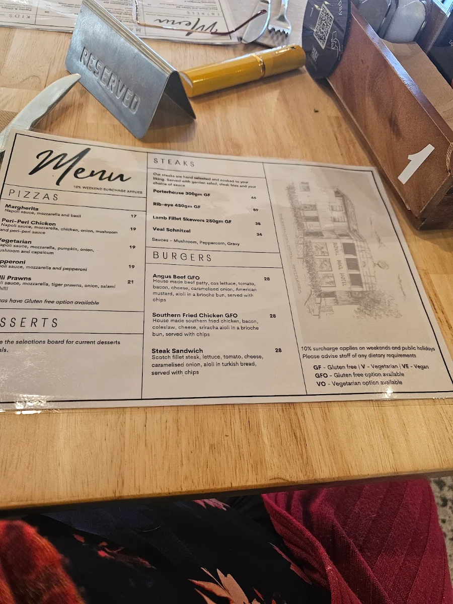 Menu, Royal Mail Hotel Whittlesea