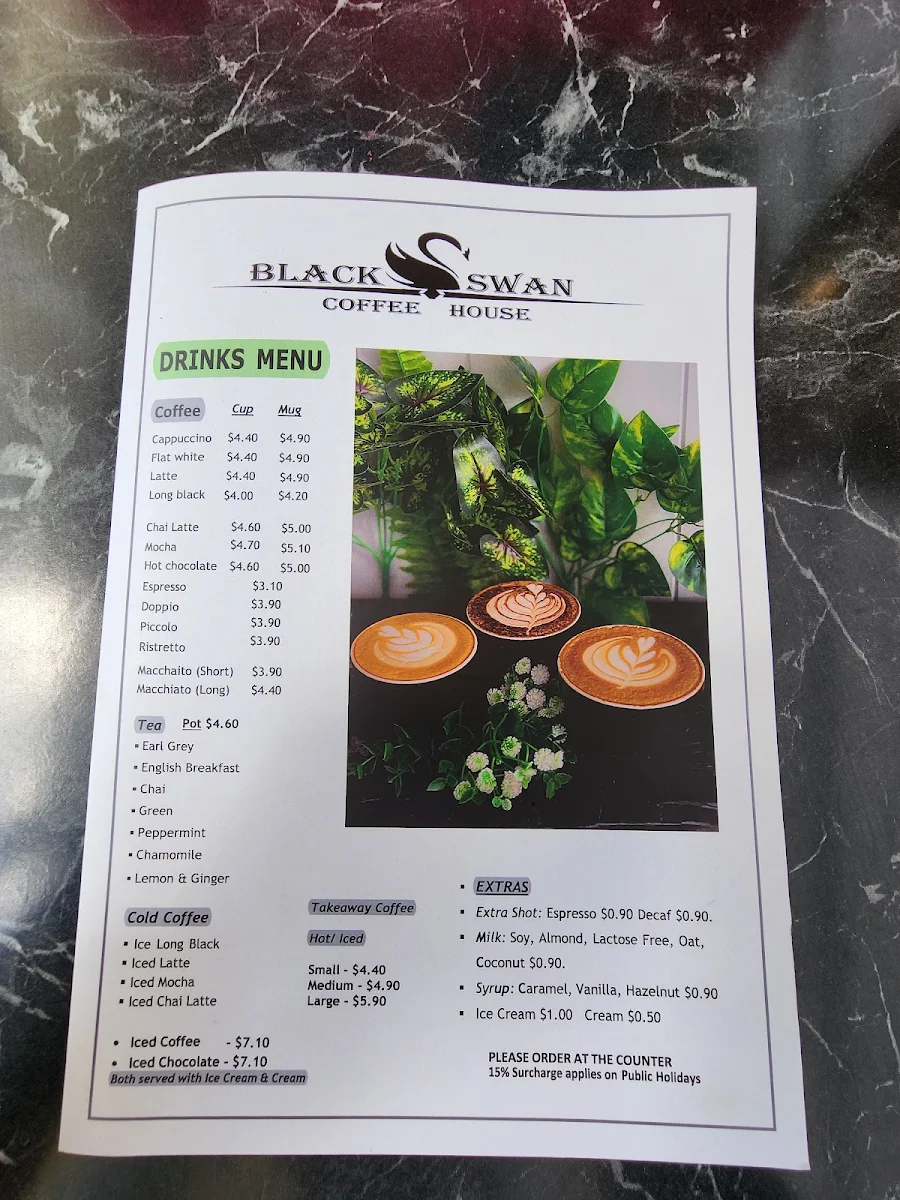 Menu, Black Swan Coffee House