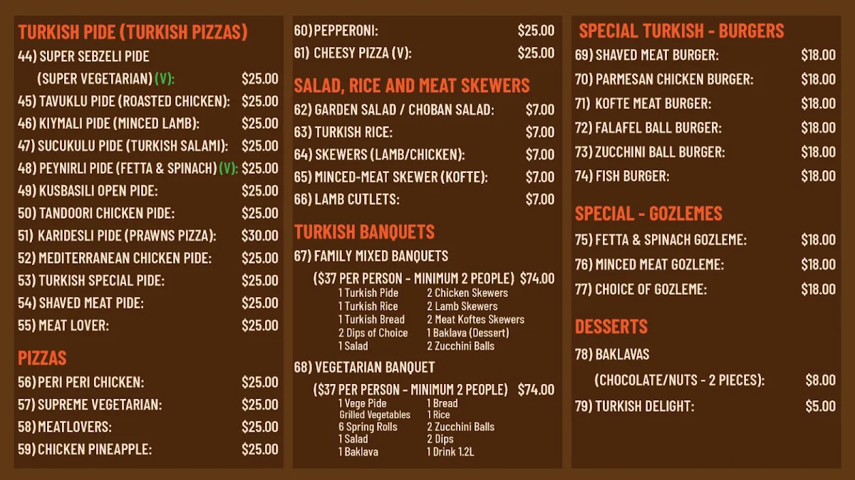 Menu, Turkish Kebab and Pizza Belconnen