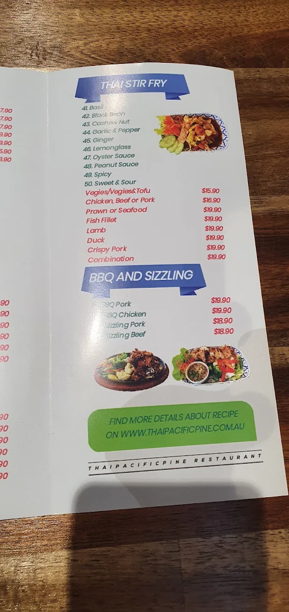 Menu, Thai pacificpine Restaurant