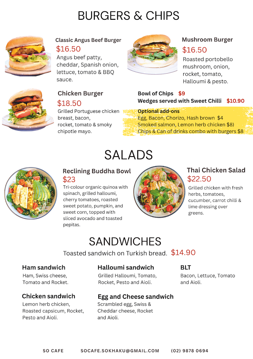 Menu, SO CAFE
