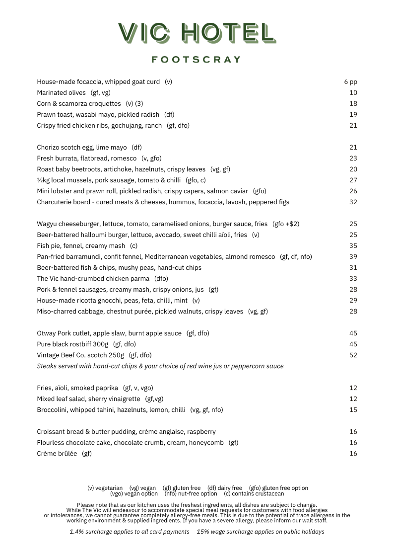 Menu, The Vic Hotel Footscray