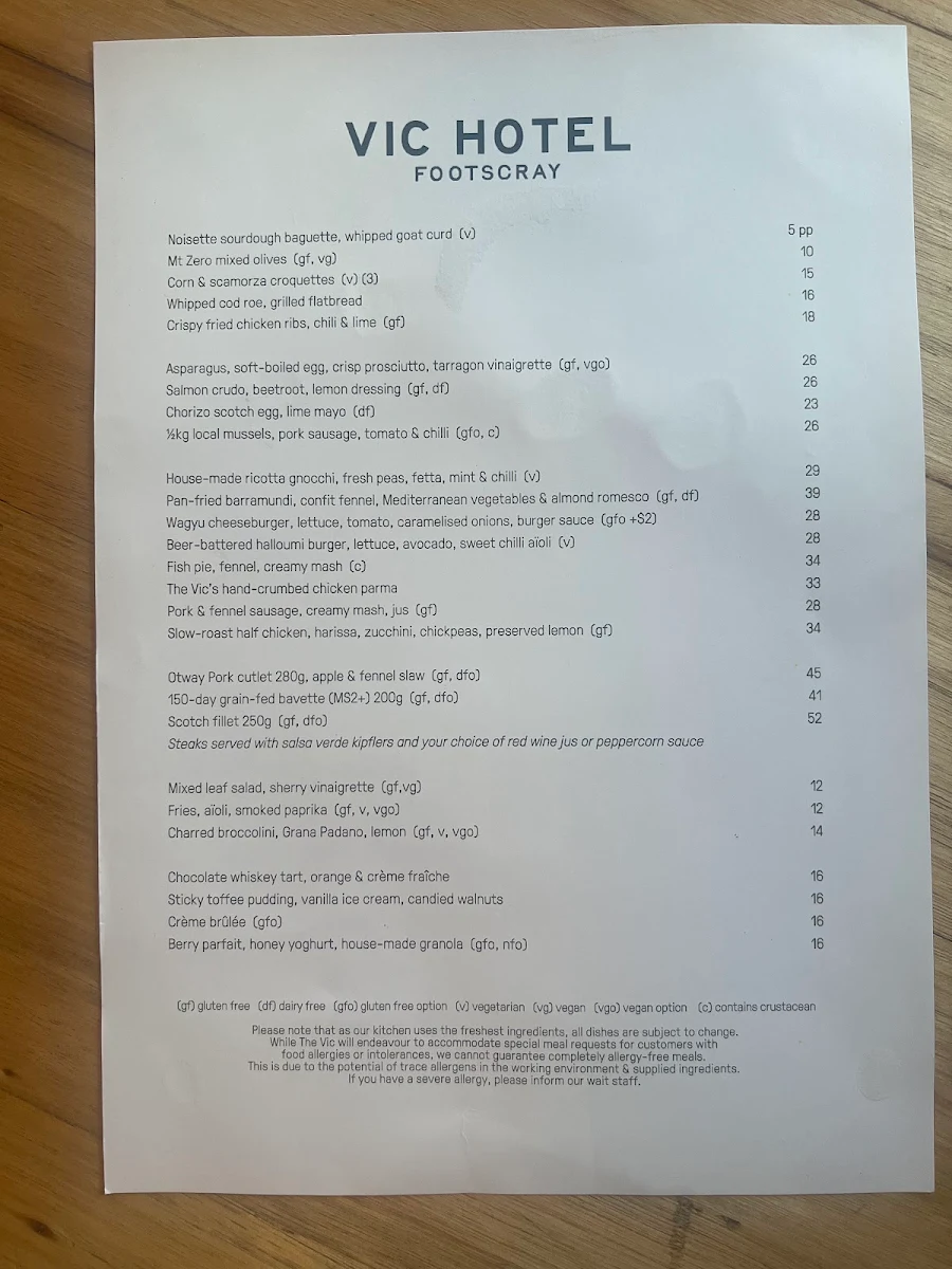 Menu, The Vic Hotel Footscray