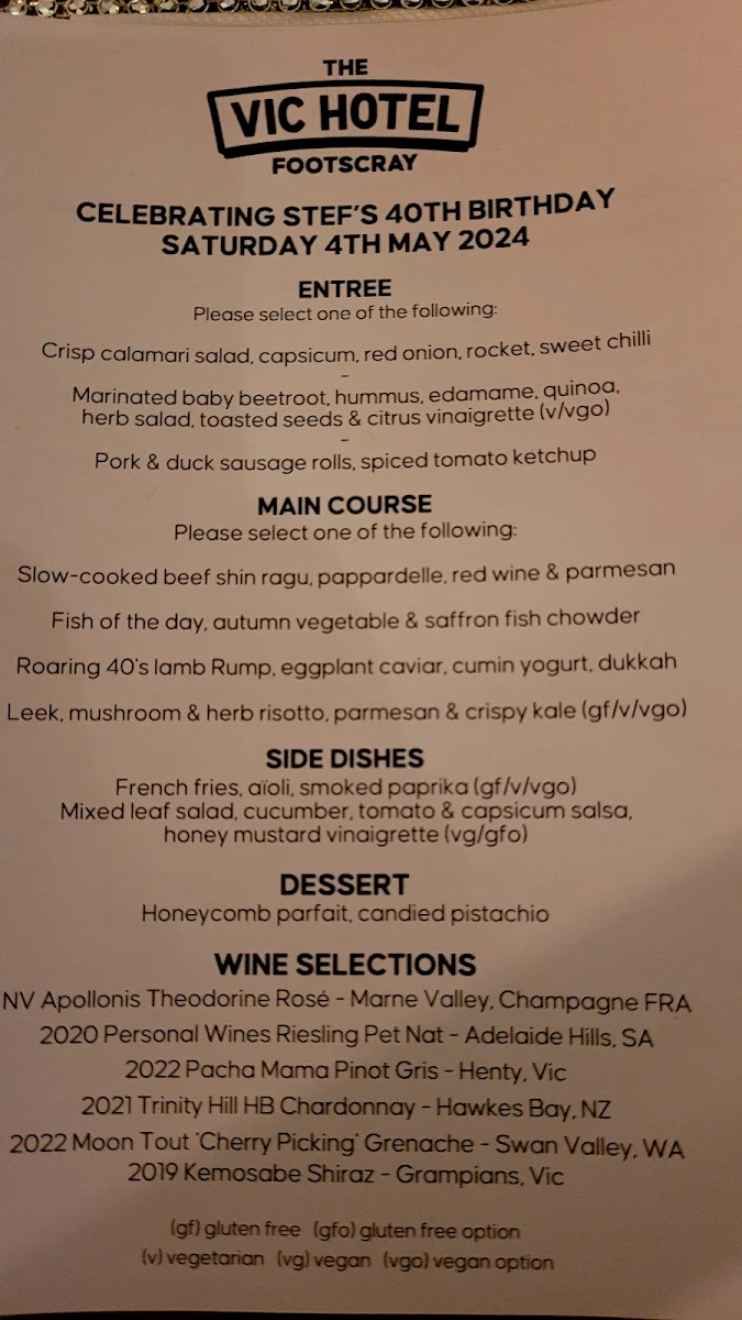Menu, The Vic Hotel Footscray