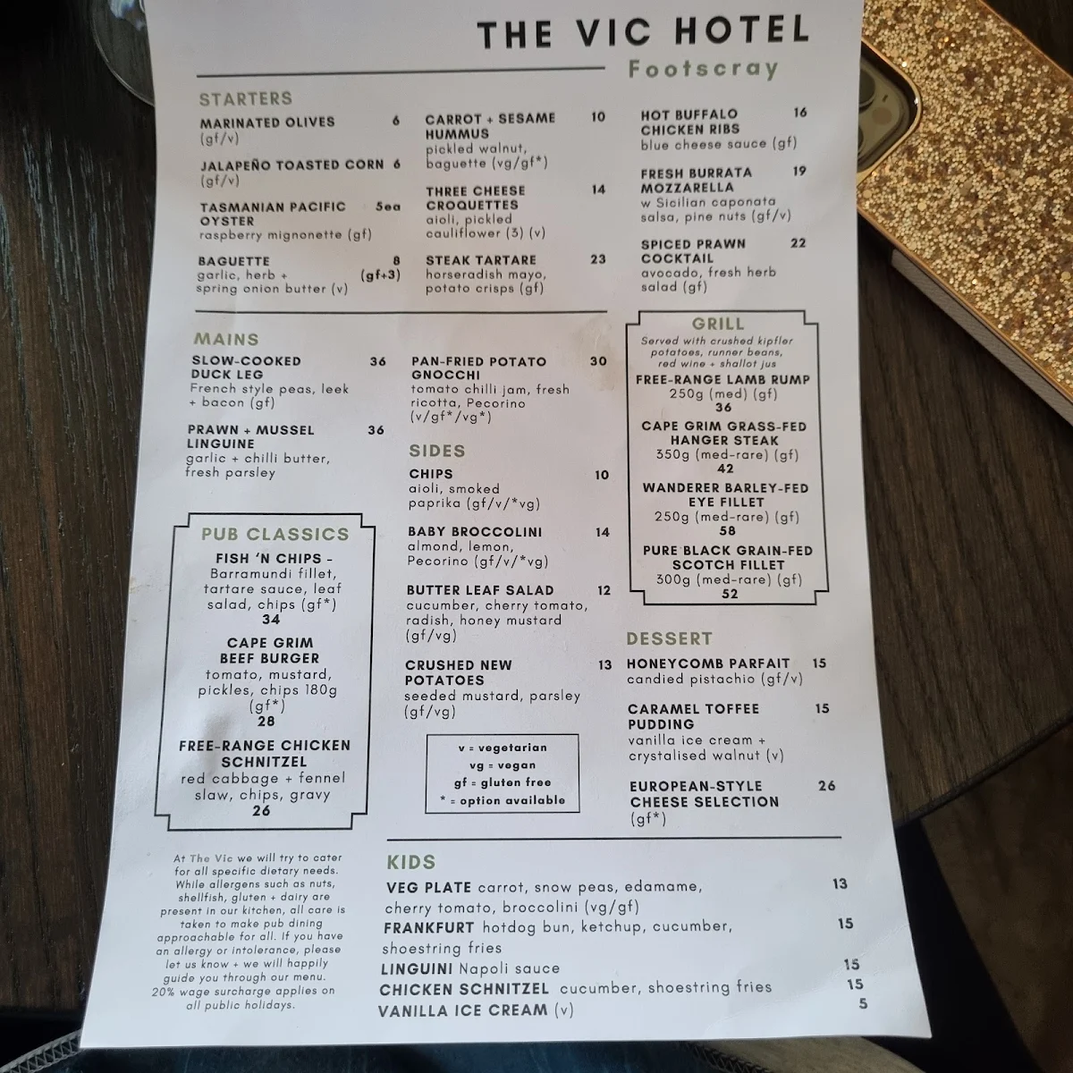 Menu, The Vic Hotel Footscray