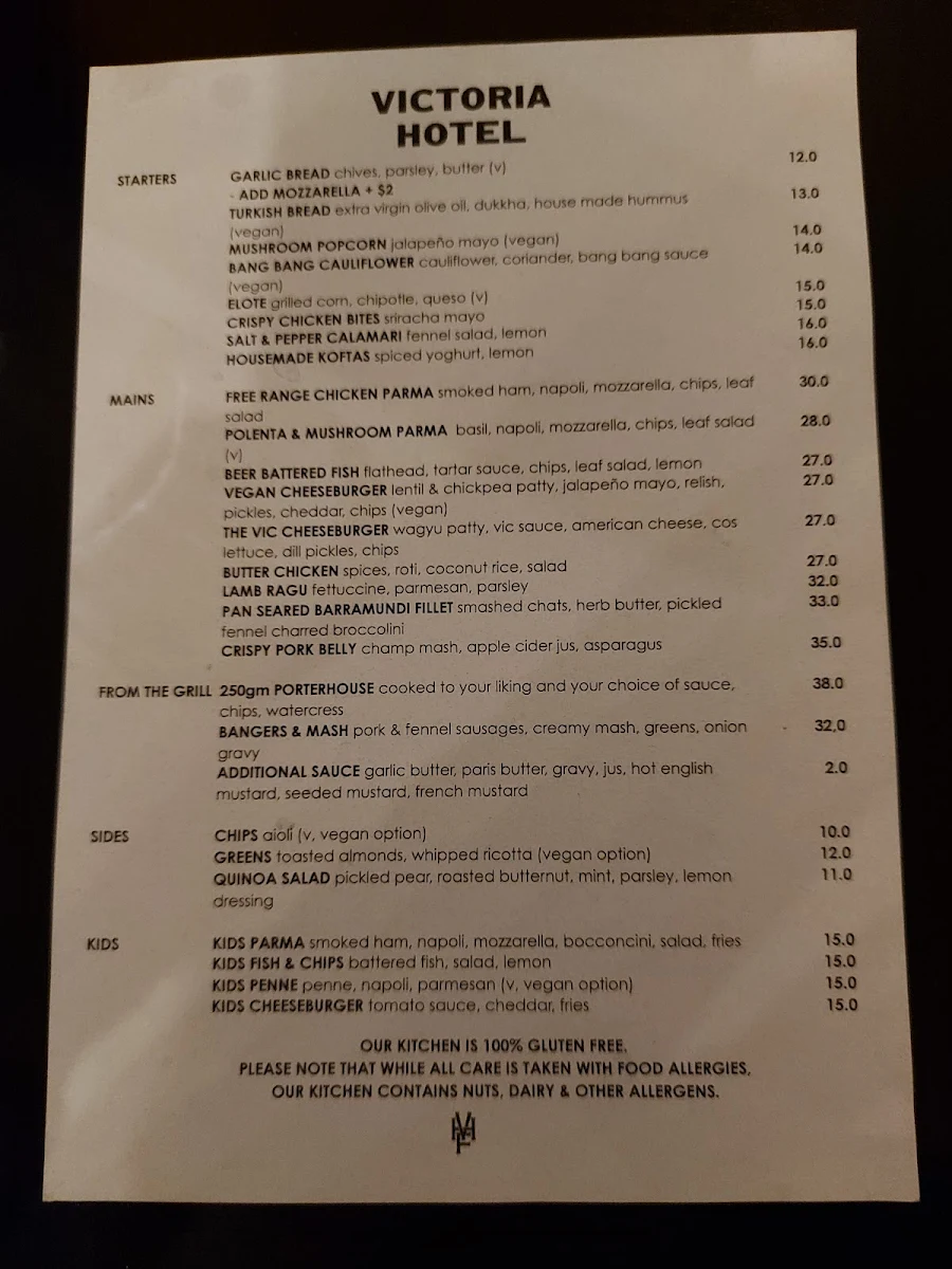 Menu, The Vic Hotel Footscray