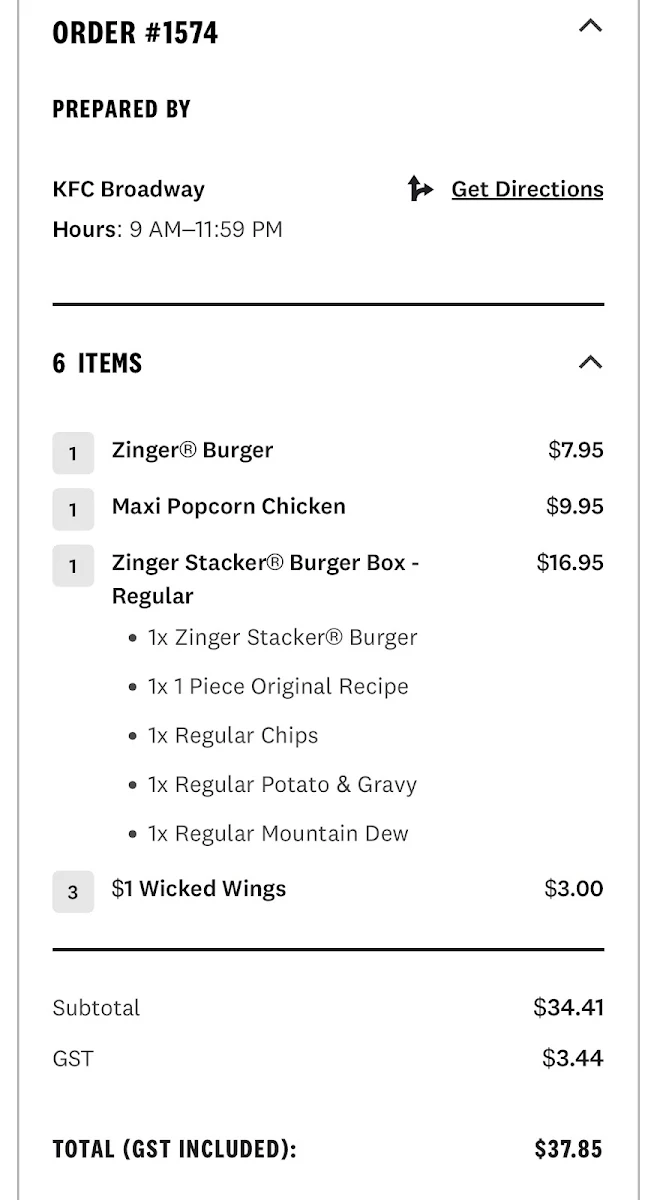Menu, KFC Broadway
