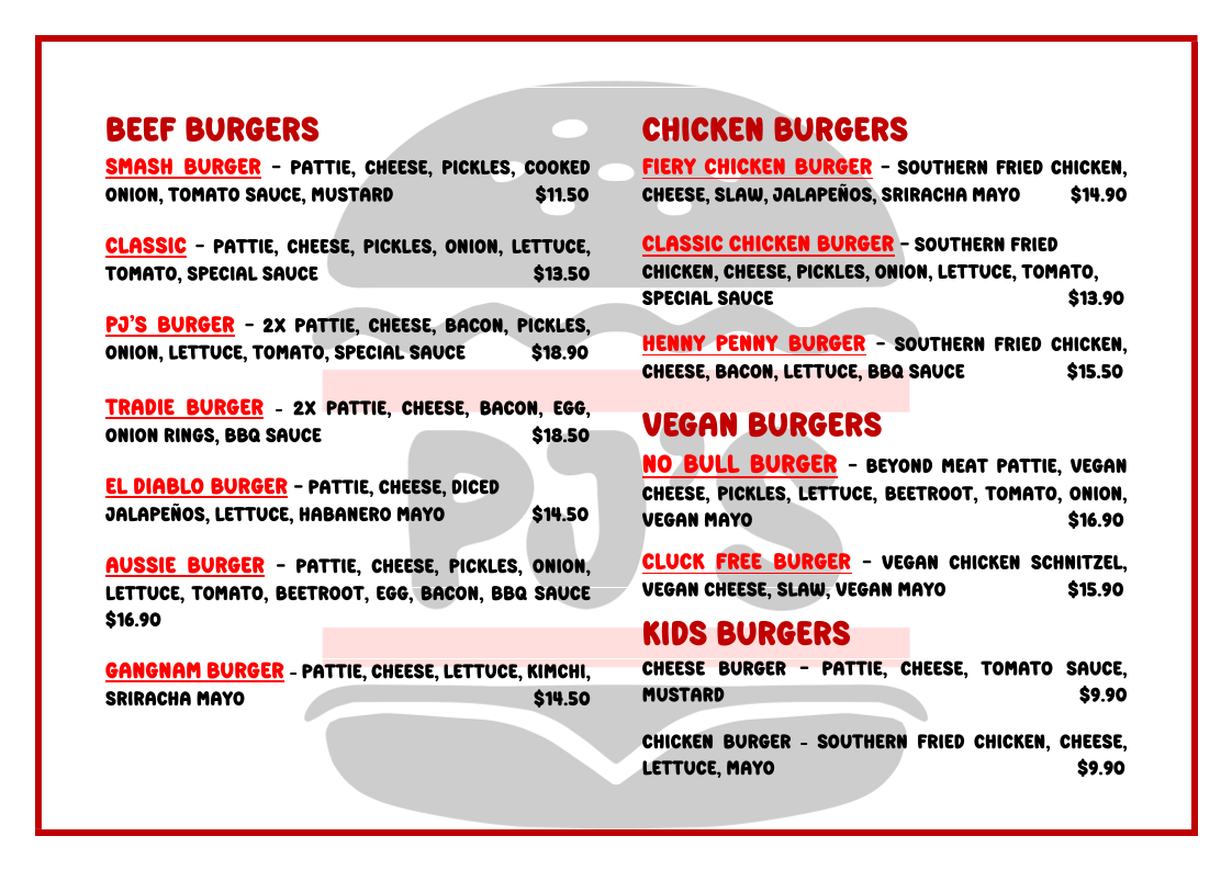 Menu, PJ's Burgers