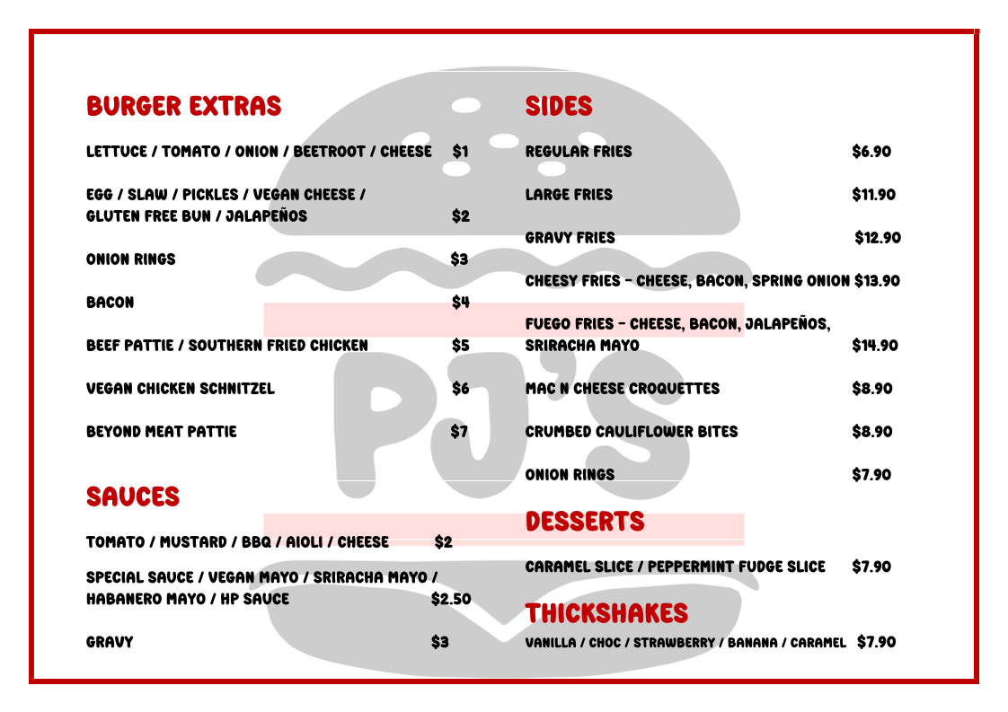 Menu, PJ's Burgers