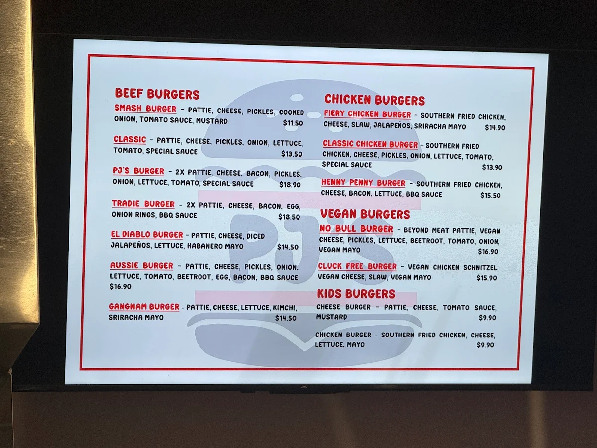Menu, PJ's Burgers