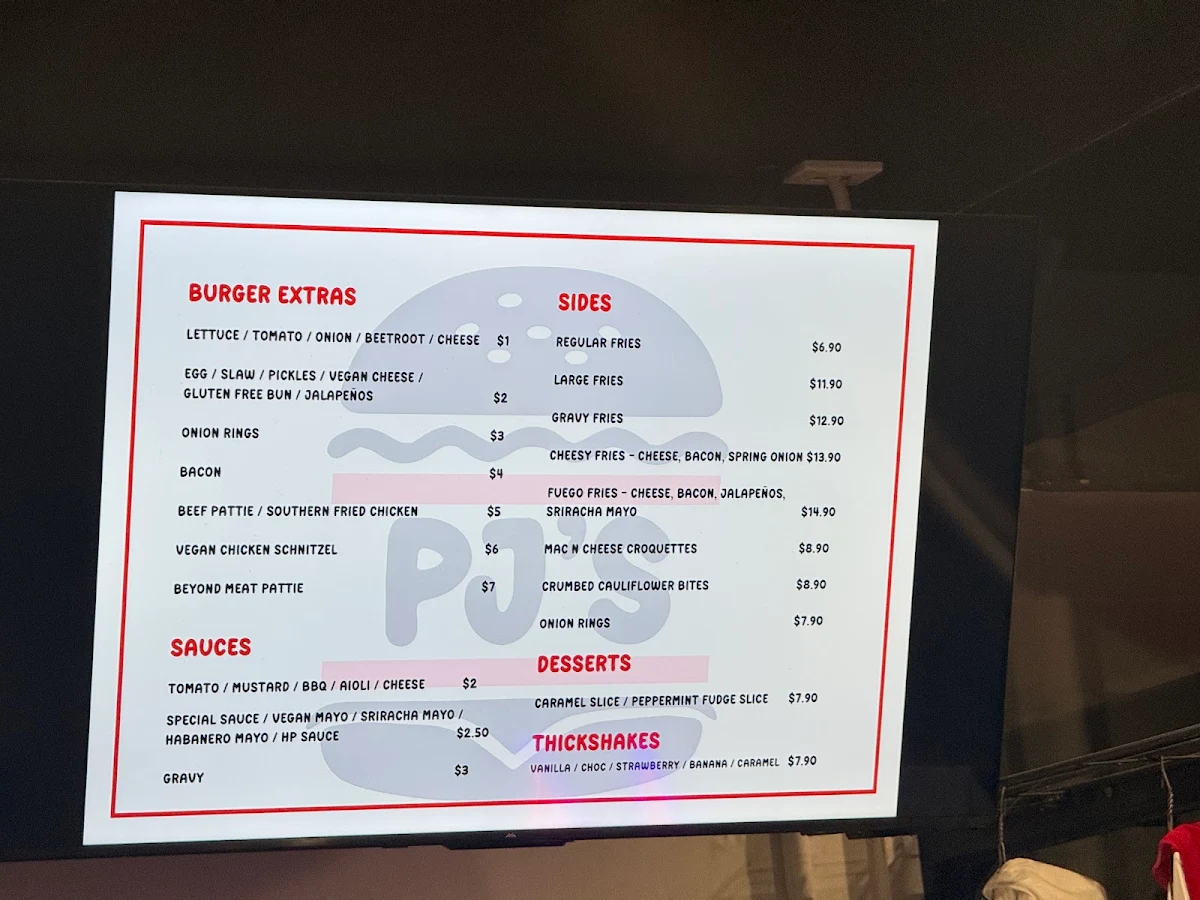 Menu, PJ's Burgers