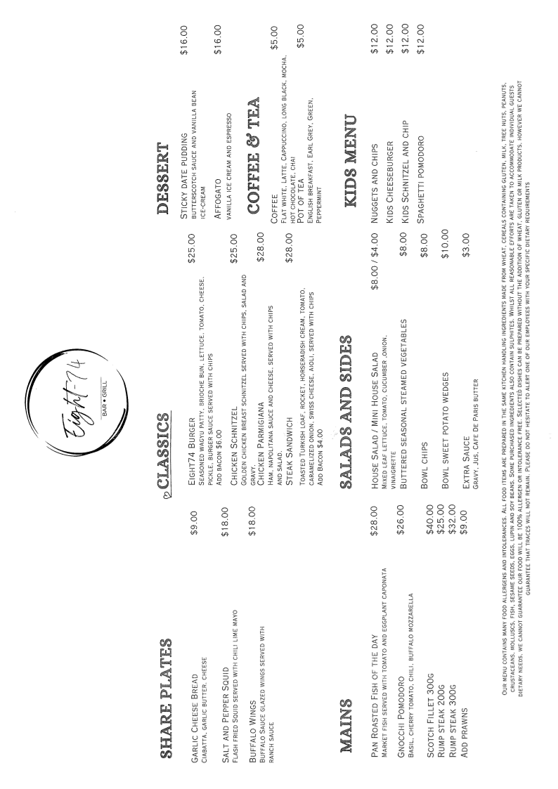 Menu, Eight74 Bar & Grill
