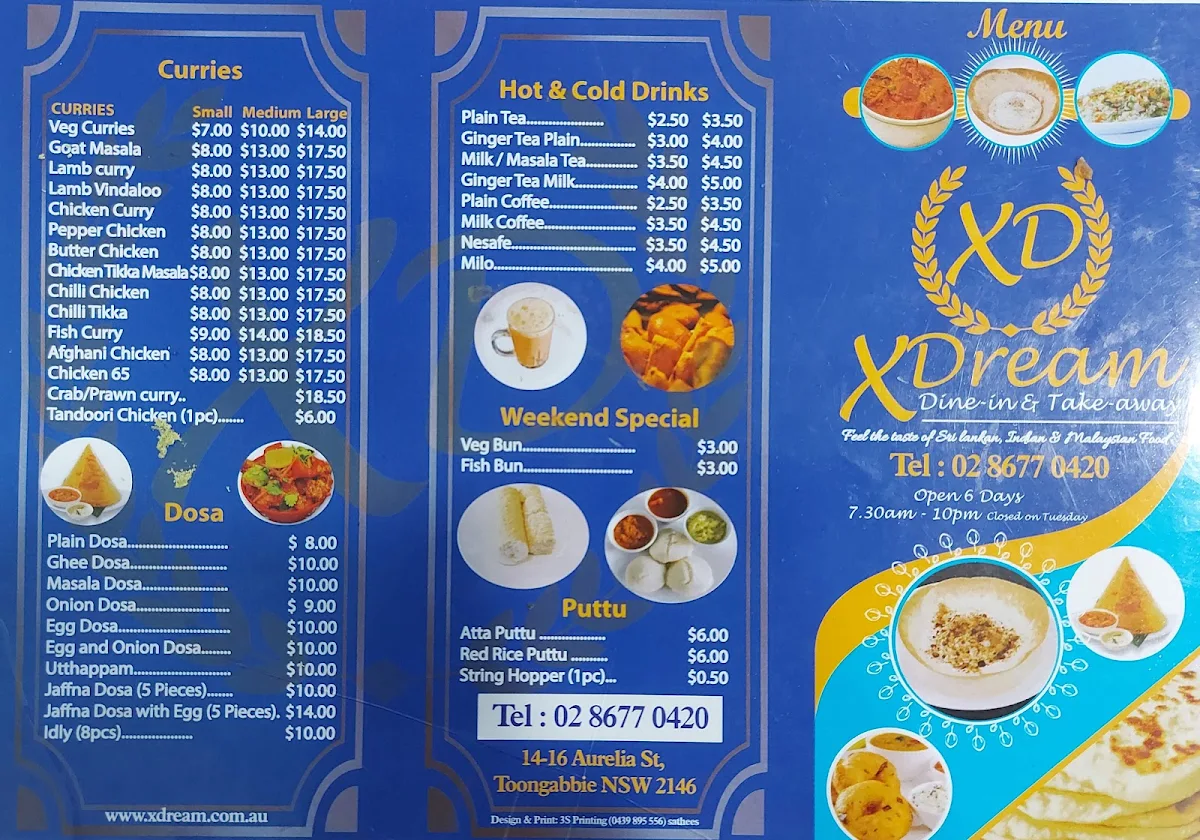 Menu, Xdream Dine In And Take Away