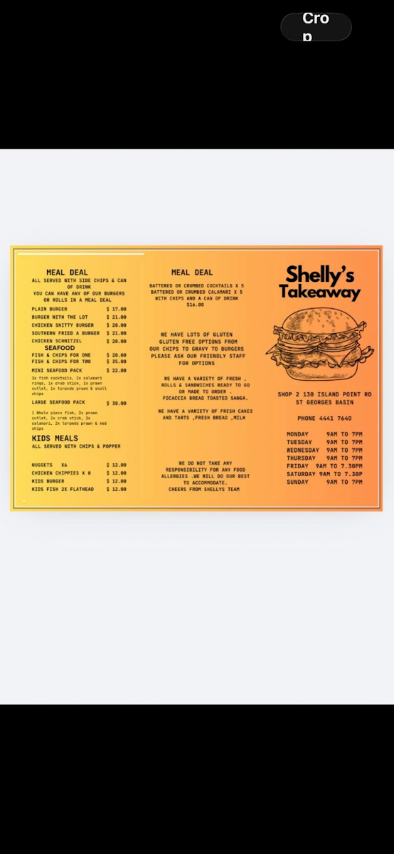 Menu, ST GEORGES BASIN SHELLYS TAKEAWAY