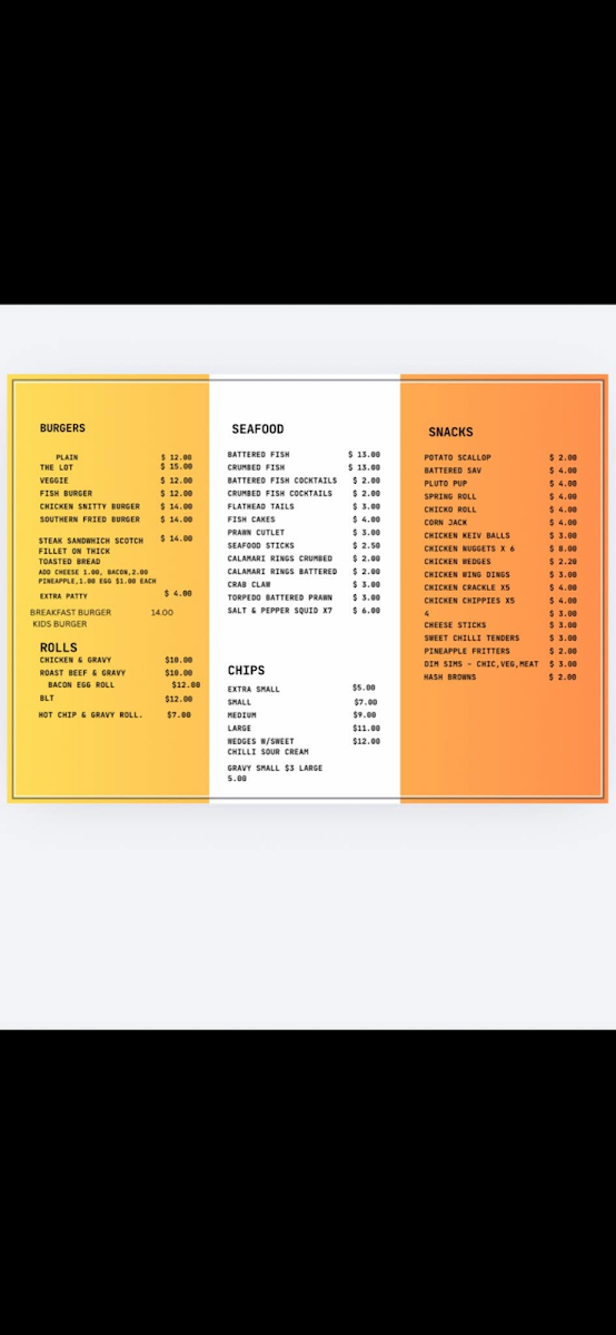 Menu, ST GEORGES BASIN SHELLYS TAKEAWAY