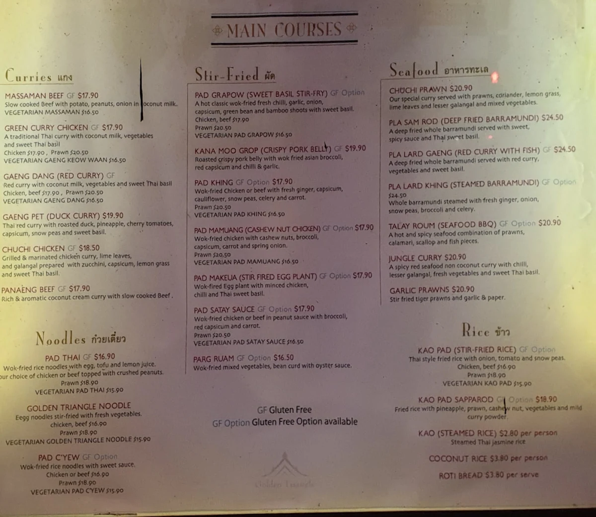 Menu, The Golden Triangle Restaurant