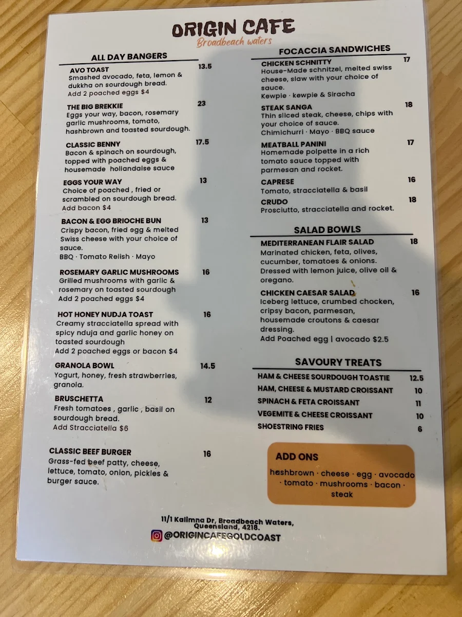 Menu, Origin Cafe Broadbeach Waters