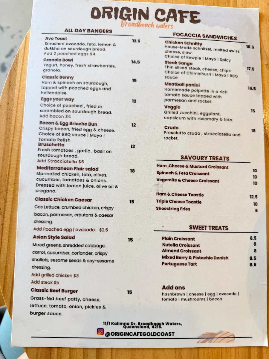 Menu, Origin Cafe Broadbeach Waters