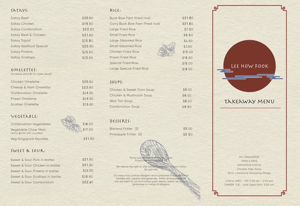 Menu, Lee How Fook Restaurant