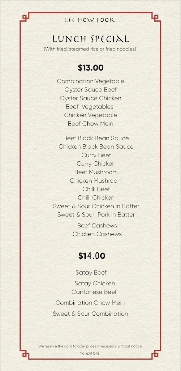 Menu, Lee How Fook Restaurant