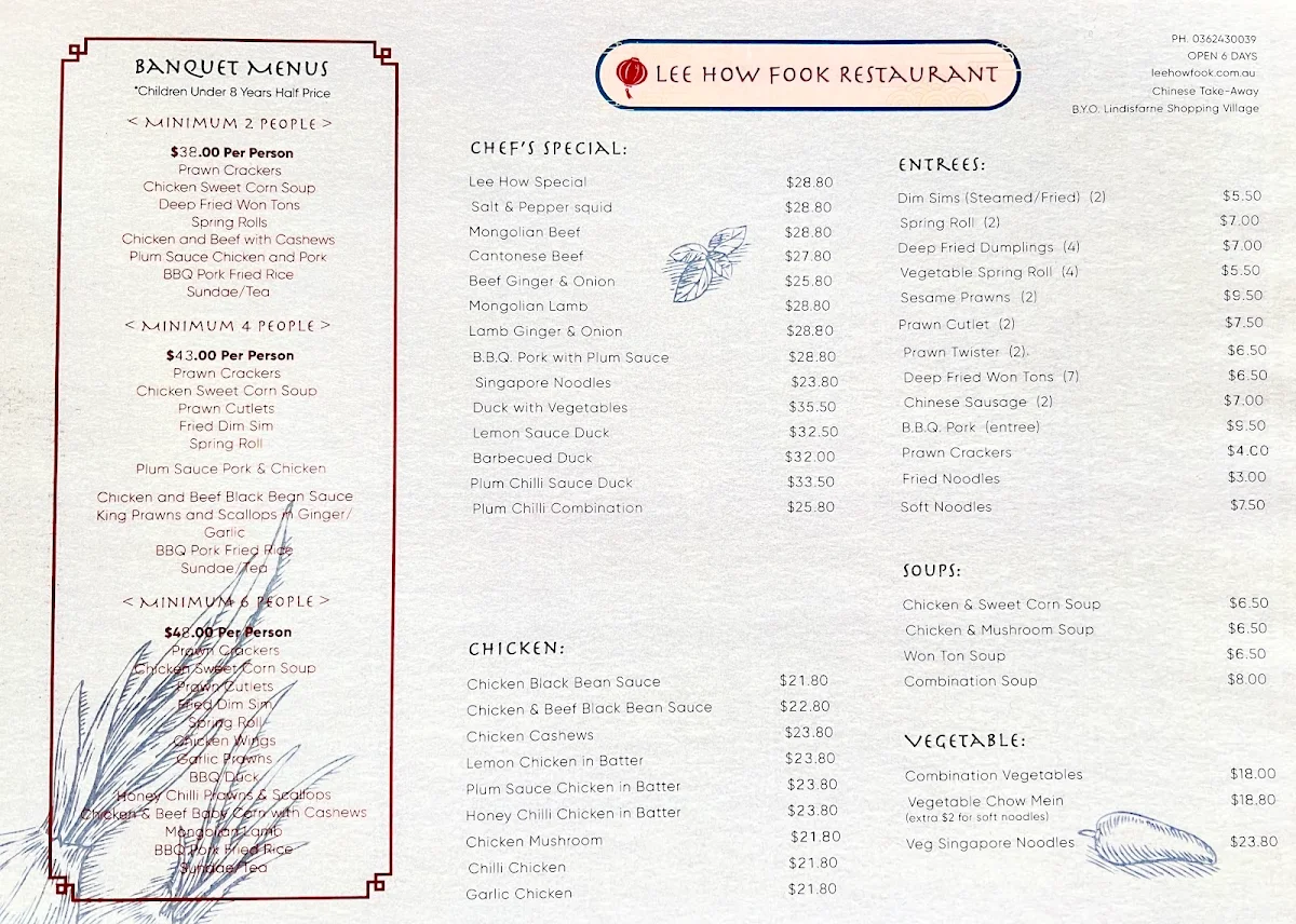 Menu, Lee How Fook Restaurant