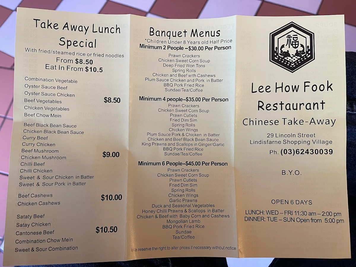 Menu, Lee How Fook Restaurant