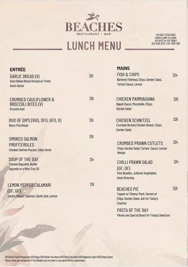 Menu, Beaches Restaurant & Bar